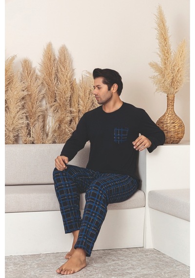 Sude Homewear Erkek Ekoseli Cepli Uzun Kollu Pijama Takımı Lacivert