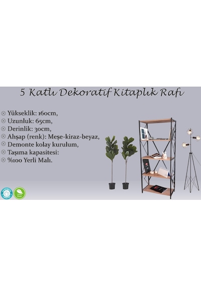 Rafburada Rafburada® 5 Katlı Kitaplık, Dekoratif Kitaplık, Ahşap Kitaplık.