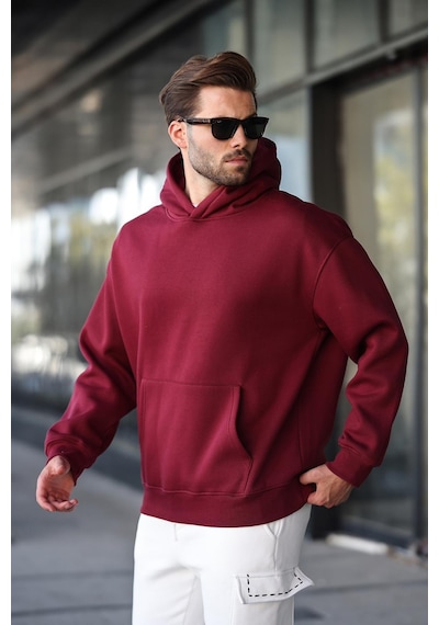 Madmext Bordo Kapüşonlu Kanguru Cep Erkek Sweatshirt E7169 Bordo