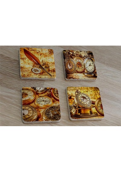 Köstekli Saatler Doğal Taş Bardak Altlığı 4'lü Set - Natural Stone Coasters - Taş Çok Renkli