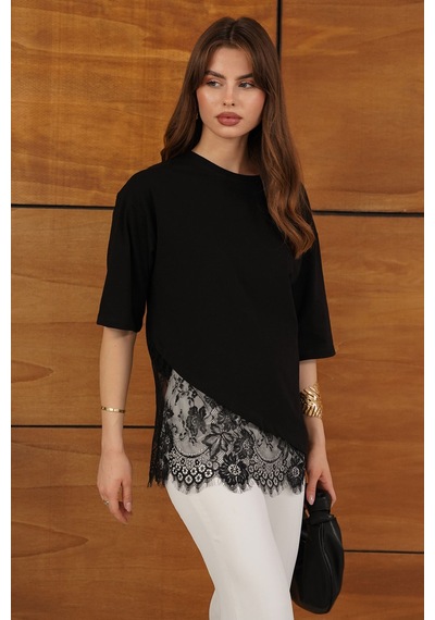 Verymoda Dantel Detaylı Asimetrik Tişört D2953 Siyah