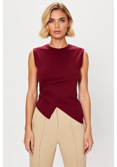 Benerly Kadın Bluz Bisiklet Yaka Kolsuz Asimetrik Fitted Kesim Örme Kumaş bordo