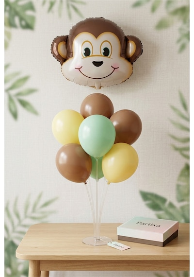 Safari Maymun Kafa Balon Stand Seti Şeffaf 7 Li Stand + Safari Maymun Folyo Balon + 7 Lateks Balon