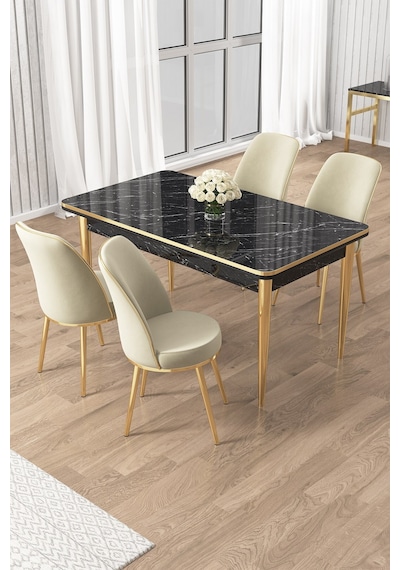 Canisa Rewa Serisi 70x110 Sabit Siyah Mermer Desen Gold Detay Masa Takımı Ve 4 Krem Sandalye Masa Siyah Mermer Sandalye Krem Gold Ayak Canisa Rewa Serisi 70x110 Sabit Siyah Mermer Desen Gold Detay Masa Takımı Ve 4 Krem Sandalye Masa Siyah Mermer Sandalye Krem Gold Ayak