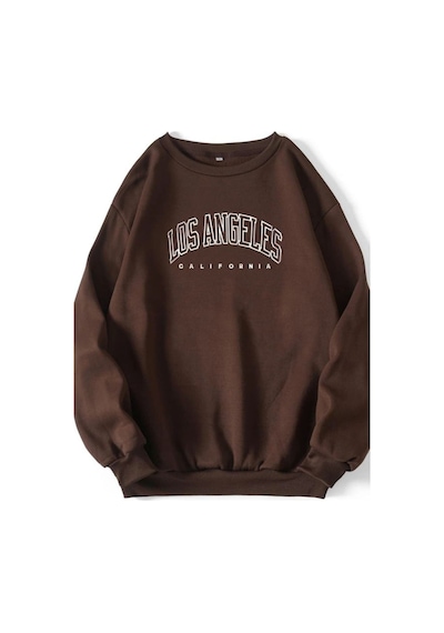 Los Angeles Yazı Tasarım Sweatshirt - Kahverengi Baskılı Oversize Kalın Kışlık Bisiklet Yaka Kahverengi