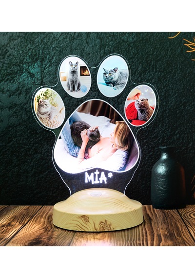 Pati Tasarımlı Kedi Fotoğraflı Led Lamba - İsim Yazılı Kedi Sahibine Doğum Günü Hediyesi