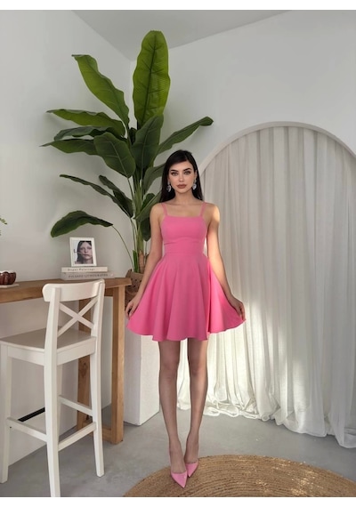 Defymoda Pole İp Askılı Elbise Pembe