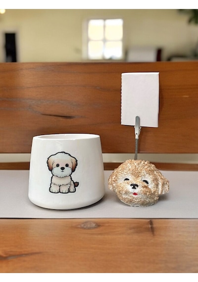 Sevimli Poodle Köpek Temalı Kalemlik Saksı Ve Not Tutucu Seti Renkli