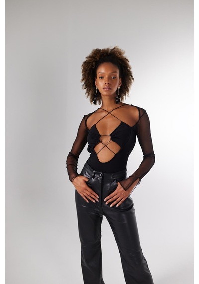 Holly Lolly Bel Bağlamalı Bony Bodysuit Siyah
