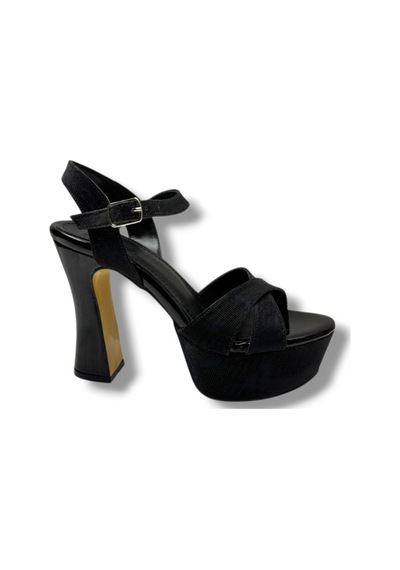 Defne 788-26 Simli Saten Çapraz Bant 30mm Platform Topuk Kadın Sandalet 12cm Siyah