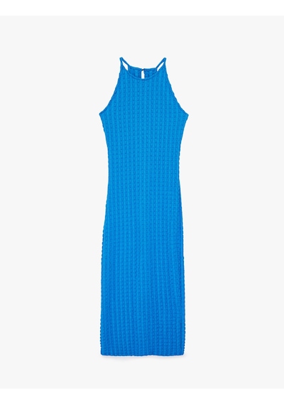 Koton Bürümcük Kumaş Slim Fit Uzun Halter Yaka Kalem Elbise Mavi 6sak80020uk Mavi