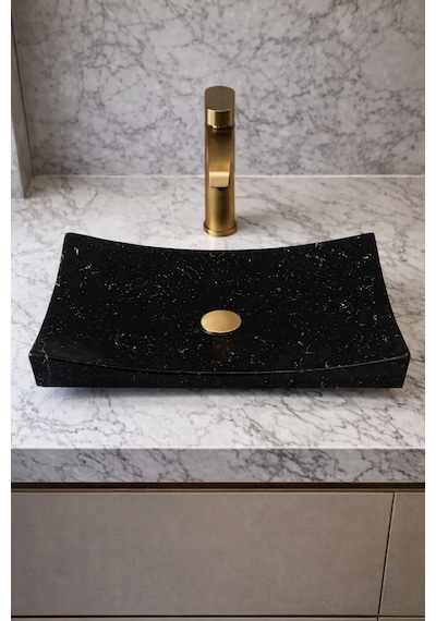 Mermer Desenli Tezgah Üstü Kayık Model Taş Lavabo 35 X 60 Cm Siyah