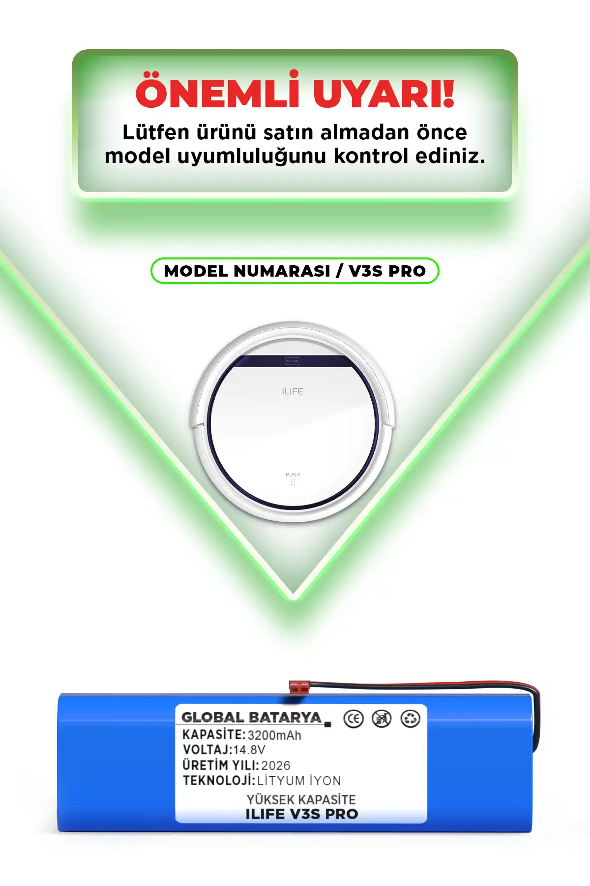 Ilıfe V3s Pro Uyumlu Robot Süpürge Bataryası 14.8v 3200mah Li-ion Pil Yüksek Kapasite