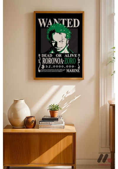 One Piece Zoro Wanted Poster, Ahşap Çerçeveli Duvar Tablosu - Anime Severlere Özel Hediye