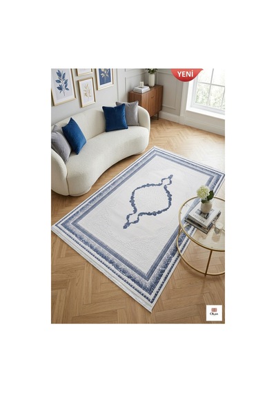 Aura Rugs Mavi Madalyon Desenli Akrilik Modern Salon Halısı - Dokuma Tabanlı 8mm Hav Yüksekliği Çok Renkli