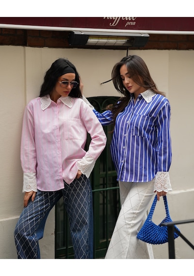 Loısy Kadın Kol Ve Yaka Vintage Detaylı Gömlek Pembe