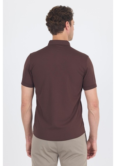 İmza Koyu Kahverengi İtalyan Düğmeli Yaka Kısa Kol Cepsiz Slim Fit Gömlek 1004250255 Koyu Kahverengi