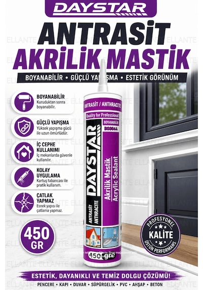 Daystar Antrasit Akrilik Mastik 450 Gr Boyanabilir Çatlak Ve Boşluk Dolgu Malzemesi Güçlü Yapışma Çok Renkli