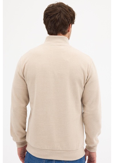 Mmetalic Erkek Bej Standart Fit Normal Kesim Pamuklu Yarım Fermuarlı Dik Yaka Pamuklu Sweatshirt Bej