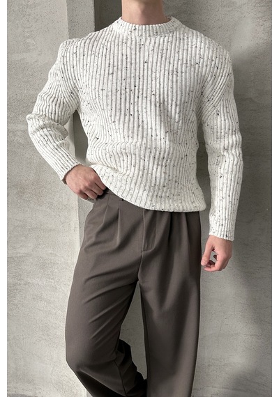 Erkek Fitilli Örme Oversize Kazak Ekru