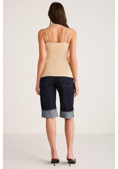 Ethıquet Khloe Kadın Slim Fit Dar Kesim Pamuklu İnce Askılı Kare Yaka Sıfır Kol Basic Bej Atlet