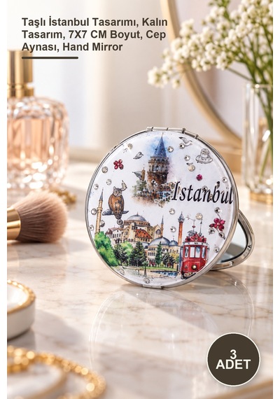3 Adet El Aynası Taşlı İstanbul Tasarımı, Kalın Tasarım, 7x7 Cm Boyut, Cep Aynası, Hand Mirror Sarı