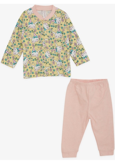 Breeze Kız Bebek Pijama Takımı Çiçek Desenli Tavşancık Baskılı 4 Ay-1 Yaş, Sarı-sarı Sarı