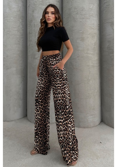 Lesa Wear Leopar Desenli Yumuşacık Yüksel Bel Geniş Paça Likralı Jarse Pantolon Flared Leopar