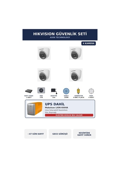 Hikvision 4 Kameralı 2mp Ups'li Güvenlik Kamera Seti Colorvu Gece Renkli 2tb Dome İç Mekan Hikvision 4 Kameralı 2mp Ups'li Güvenlik Kamera Seti Colorvu Gece Renkli 2tb Dome İç Mekan