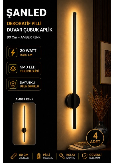Dekoratif 20w İç Mekan Siyah Kasa Amber Işık Rengi 80 Cm Duvar Aplik Pilli 4 Adet