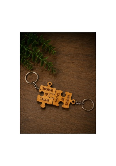 İsme Özel İkili Puzzle Ahşap Anahtarlık Seti Lazer Kazıma Çiftlere Özel Hediyelik Kahverengi