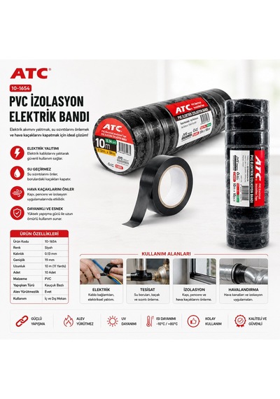 Atc Pvc İzolasyon Elektrik Bandı 10mm 0.13x19x11yds Siyah Lüx - 10'li Paket