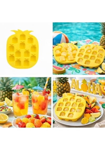 Ananas Şekilli Silikon Buz Kalıbı, Sarı, 12 Bölmeli, Tropikal Tema, Kokteyl Ve İçecekler İçin