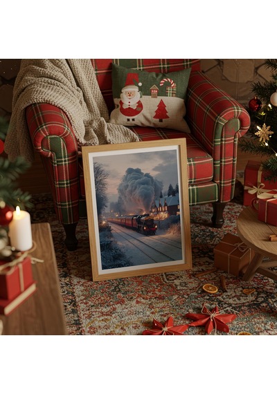 Vintage Noel Duvar Sanatı, Kış Buharlı Tren Tatil Posteri