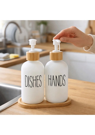 Bambu Stantlı Hands & Dishes 550 Ml Sıvı Sabunluk Seti, Mutfak Cam Sabunluk Beyaz