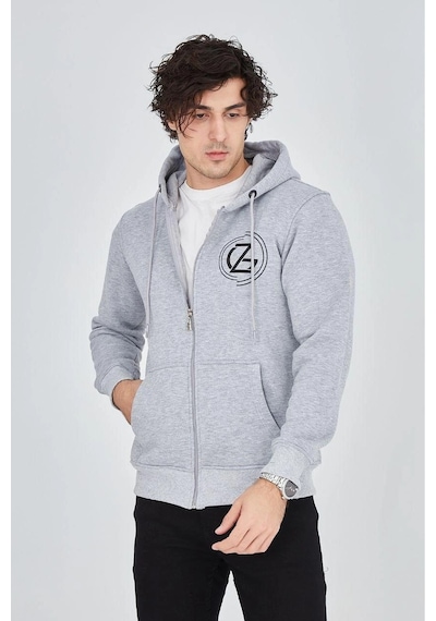 Erkek 3 İplik Pamuklu Fermuarlı Kapüşonlu Kanguru Cepli Baskılı Hoodie Hırka Sweatshirt -gri