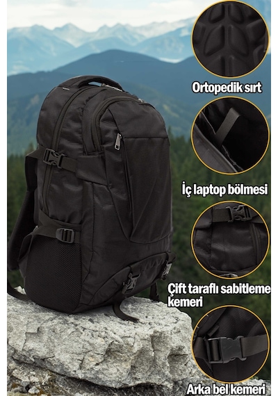 Kaff Siyah Unisex Suya Dayanıklı Ortopedik Çok Gözlü Kamp Trekking Yürüyüş Dağcı Sırt Çantası
