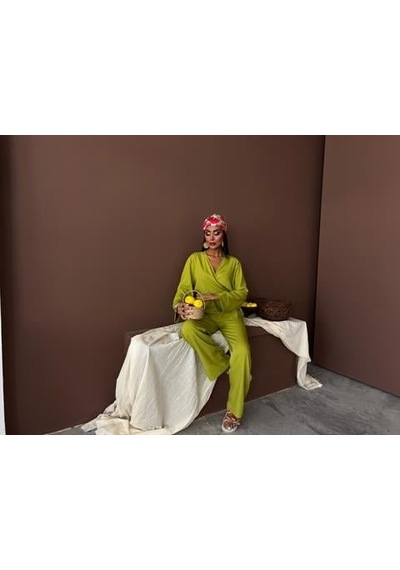 Moderie Butik Kruvaze Model Klasik Pantolonlu Çupra Keten Takım 10191 Yeşi L