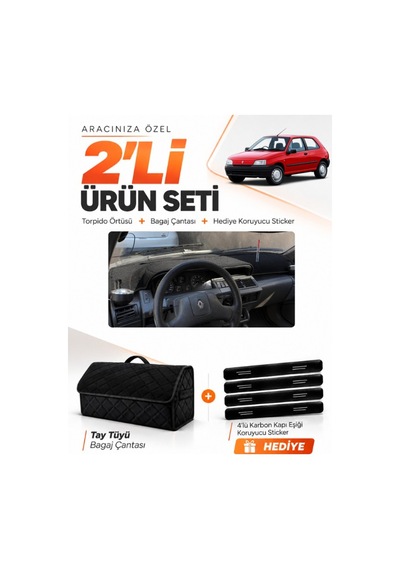 E-biz Renault Clıo 1 1990-1998 Uyumlu Torpido Örtüsü + Tay Tüyü Bagaj Çantası Seti - Siyah - Re006