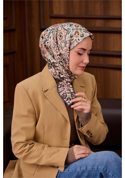 Silk Home Twill İpek Eşarp Petrol Yeşili Krem Desenli Tok Duruşlu Kaymaz 90x90 Çok Renkli