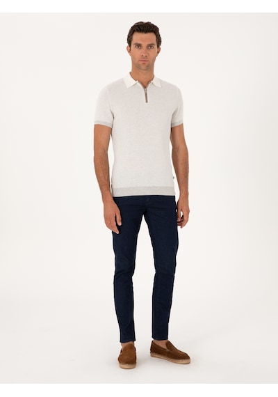 Açık Gri Slim Fit %100 Pamuk Fermuarlı Polo Yaka Triko T-shirt