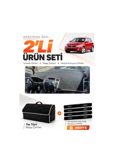 Kia Ceed 2006-2012 Uyumlu Torpido Örtüsü + Tay Tüyü Bagaj Çantası + Sticker Seti - Siyah Gri