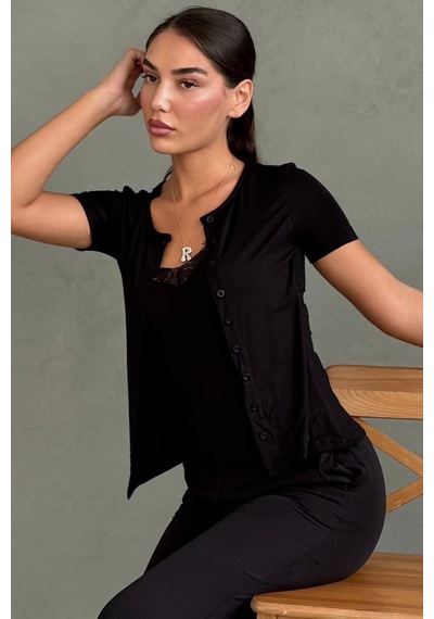 Madmext Siyah Dantel Detaylı Slim Fit Kısa Kol Kadın Hırka Mg2710