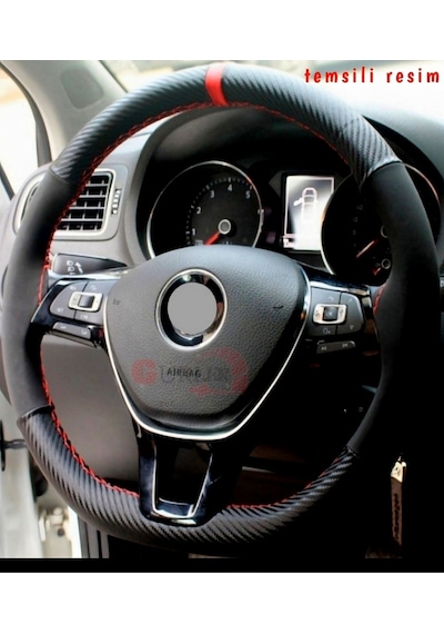 Renault Clio 4 Uyumlu Dikmeli Direksiyon Kılıfı Alkantara Karbon Kırmızı