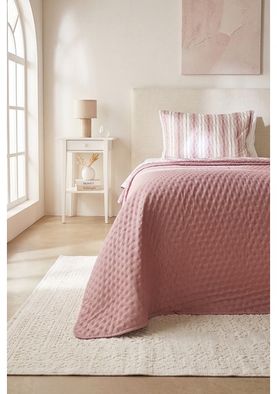 Ocean Home Textile Pamuklu Kapitoneli Bordo Renk Çizgi Desen Tek Kişilik Yatak Örtüsü Seti 1 Adet 180 X 230 / 1 Adet 50 X 70 Cm