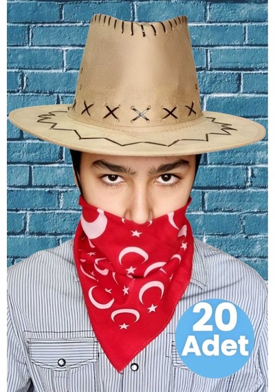 Uniquetrenders Çocuk Unisex Bandanalı 20'li Nubuk Kovboy Şapkası 8-14 Yaş Koyu Bej 4