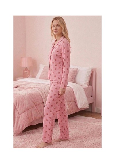 Fit Women Çilek Desenli Uzun Kollu Pijama Takımı 4605 -pembe Açık Pembe