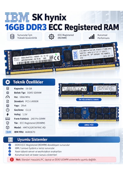 Ibm Sk Hynix 16gb Ddr3 1866mhz Pc3-14900r Ecc Registered Rdımm Sunucu Ram Hmt42gr7afr4c-rd