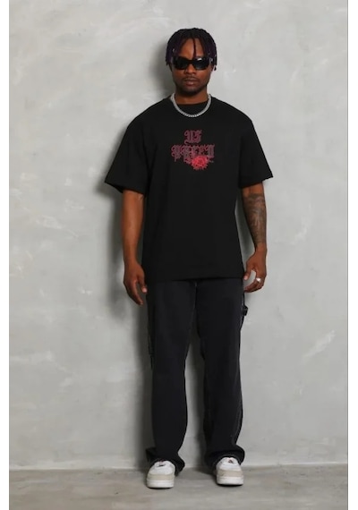 Modi Erkek Baskılı T-shirt Kısa Kol Bisiklet Yaka Regular Fit Rahat Kalıp Günlük Tişört - Siyah - Mymg185490