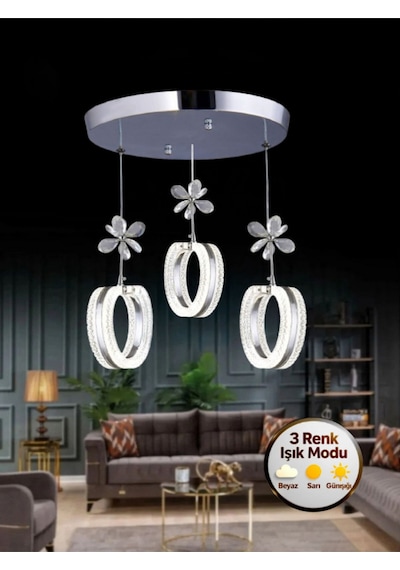 Litra Lighting Aurea Model 3 Lü Kristal Taşlı Gümüş 3 Renk Modu Ledli Salon Mutfak Oturma Odası Sarkıt Led Avize Metalik